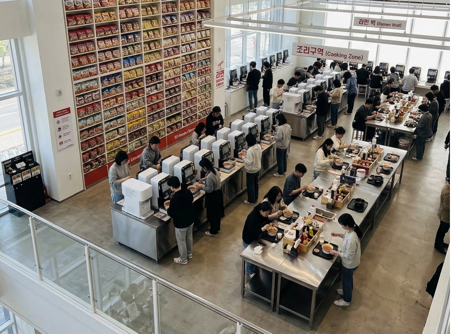 A wide-angle shot of the 2nd floor, showing both the Ramen Wall and people eating at the Cooking Zone