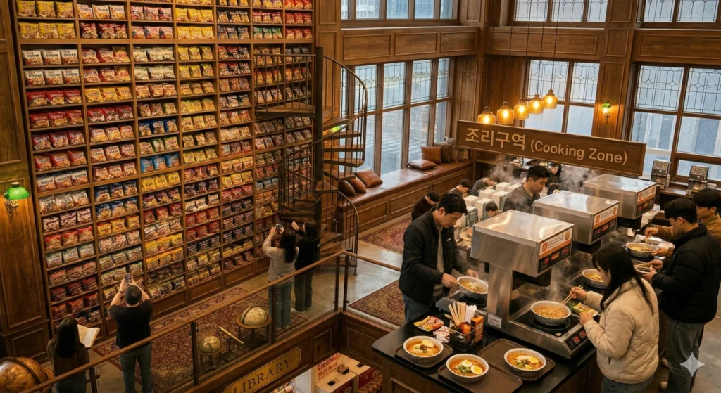 사람들이 라면조리기계에서 라면을 조리하고있다