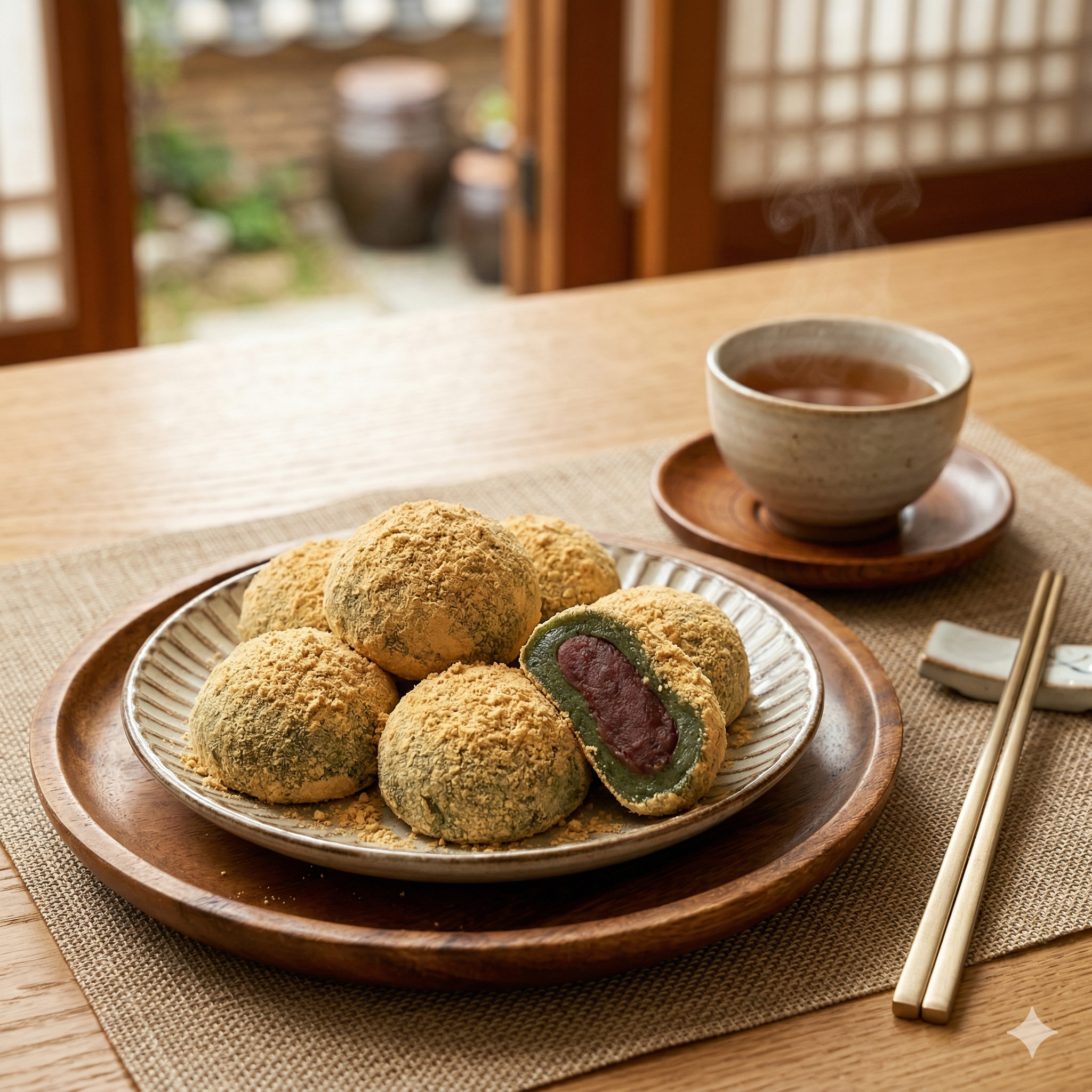 인절미 가루가 묻어있고 팥앙금이 가득 들어있는 동그란 초록색 떡이 차와 함께 접시위에 놓여있다.