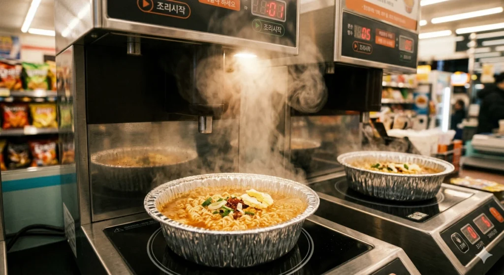 A close-up of the automatic ramyun cooking machines actively boiling noodles with steam rising appetizingly