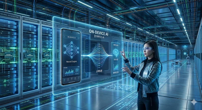 데이터센터 서버실이나 스마트폰 온디바이스 AI를 나타내는 미래지향적 이미지