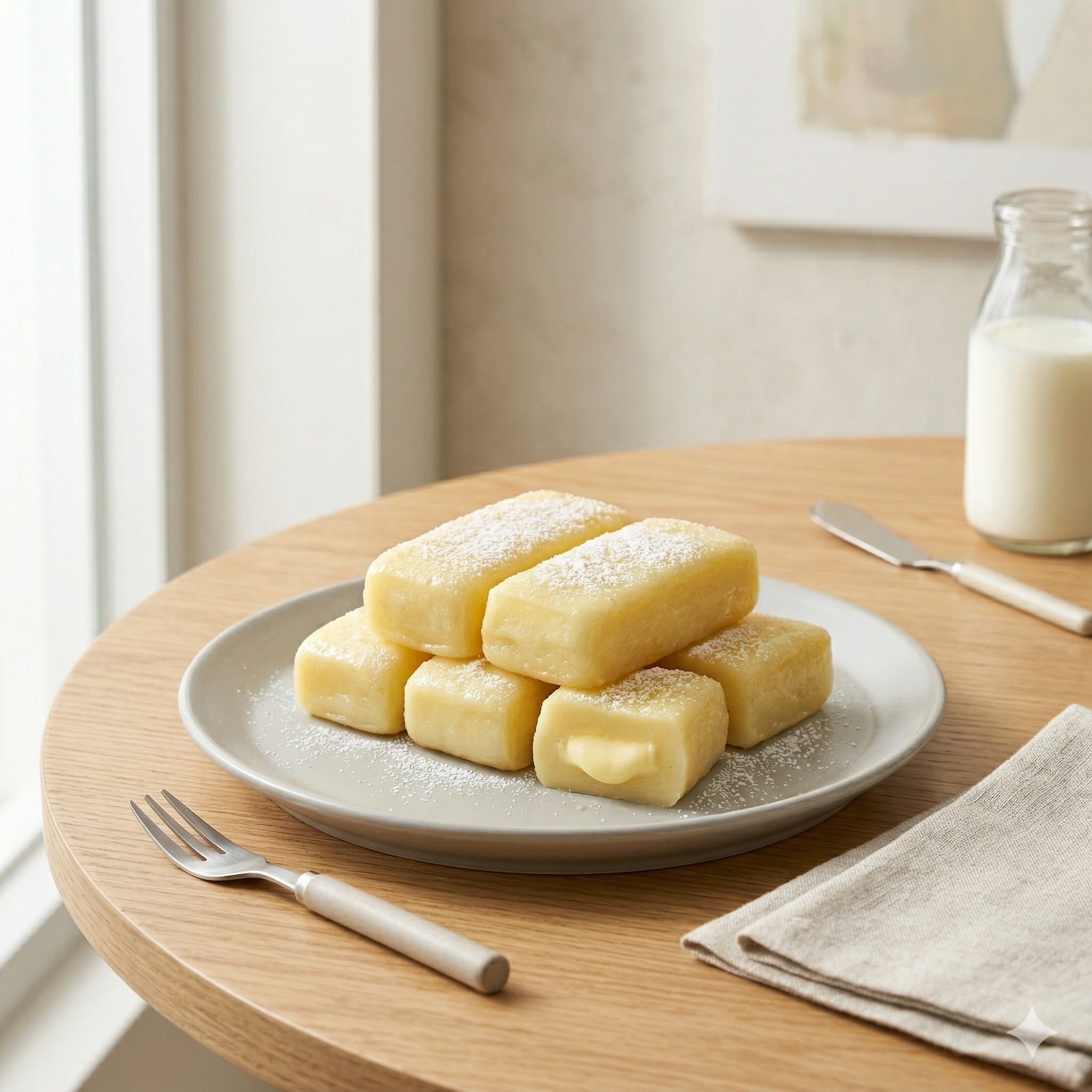 버터를 머금은 직사각형의 떡이 하얀 그릇위에 놓여있다.