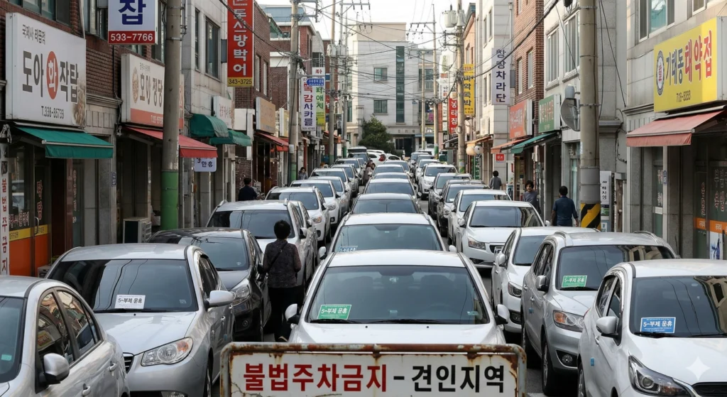 골목에 꽉차있는 차량들