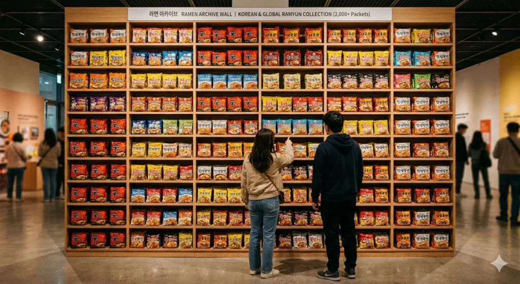 The massive, 2.8m high Ramen Archive Wall packed with hundreds of colorful ramyun packets